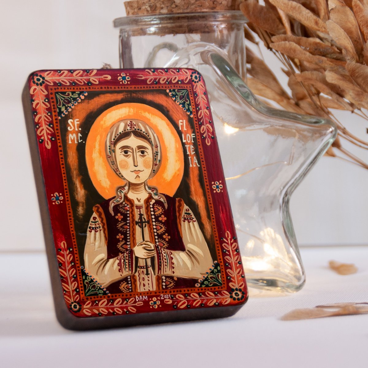 Wood icon, "St. Philothea of Arges", miniature, 7x10cm