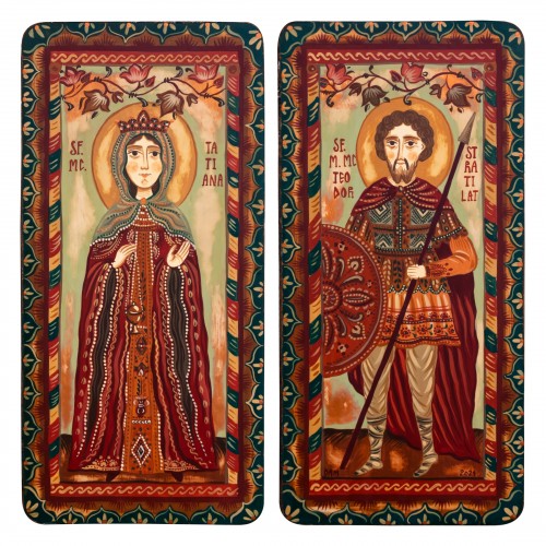 Icoană pe lemn tip diptic "Sf. Mc. Tatiana și Sf. Teodor Stratilat", 2 x 10x20cm