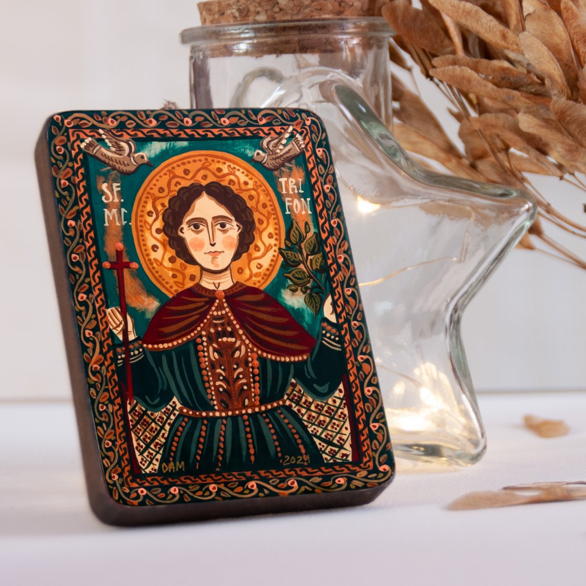 Wood icon, "Saint Tryphon", miniature, 7x10cm