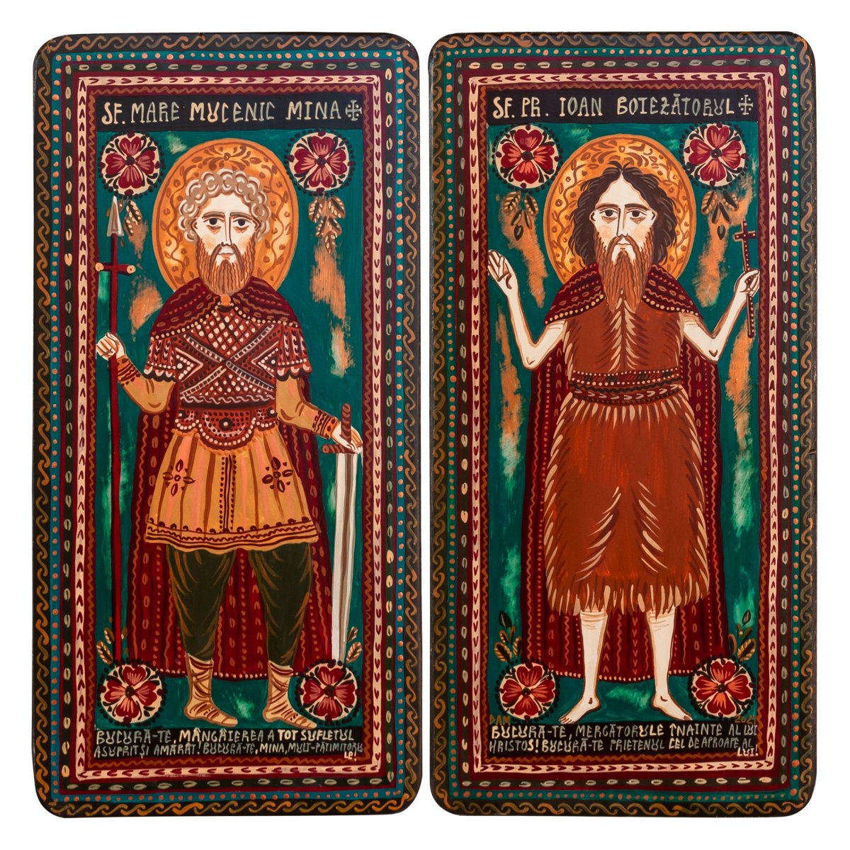 Wood icon, diptych, "St. Menas of Egypt and St. John the Forerunner", 2 x 10x20 cm