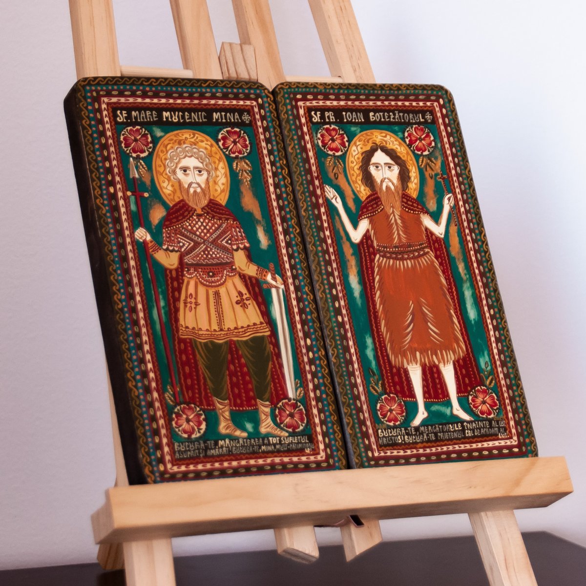 Icoană pe lemn tip diptic "Sf. M. Mc. Mina și Sf. Ioan Botezătorul", 2 x 10x20cm
