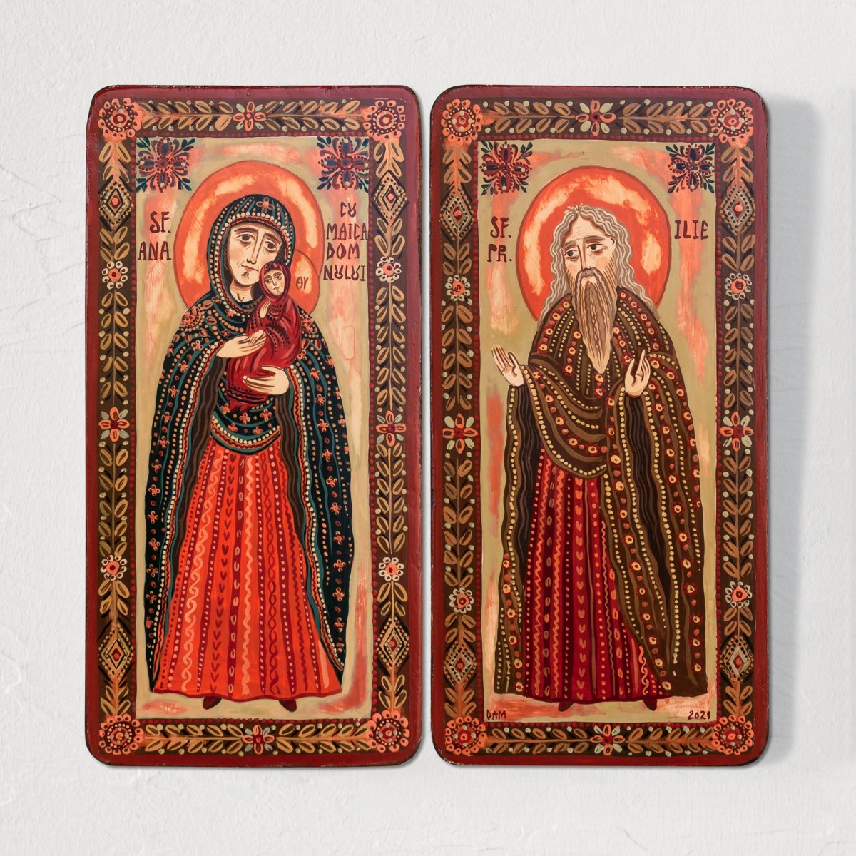 Icoană pe lemn tip diptic "Sf. Ana și Sf. Pr. Ilie", 2 x 10x20cm