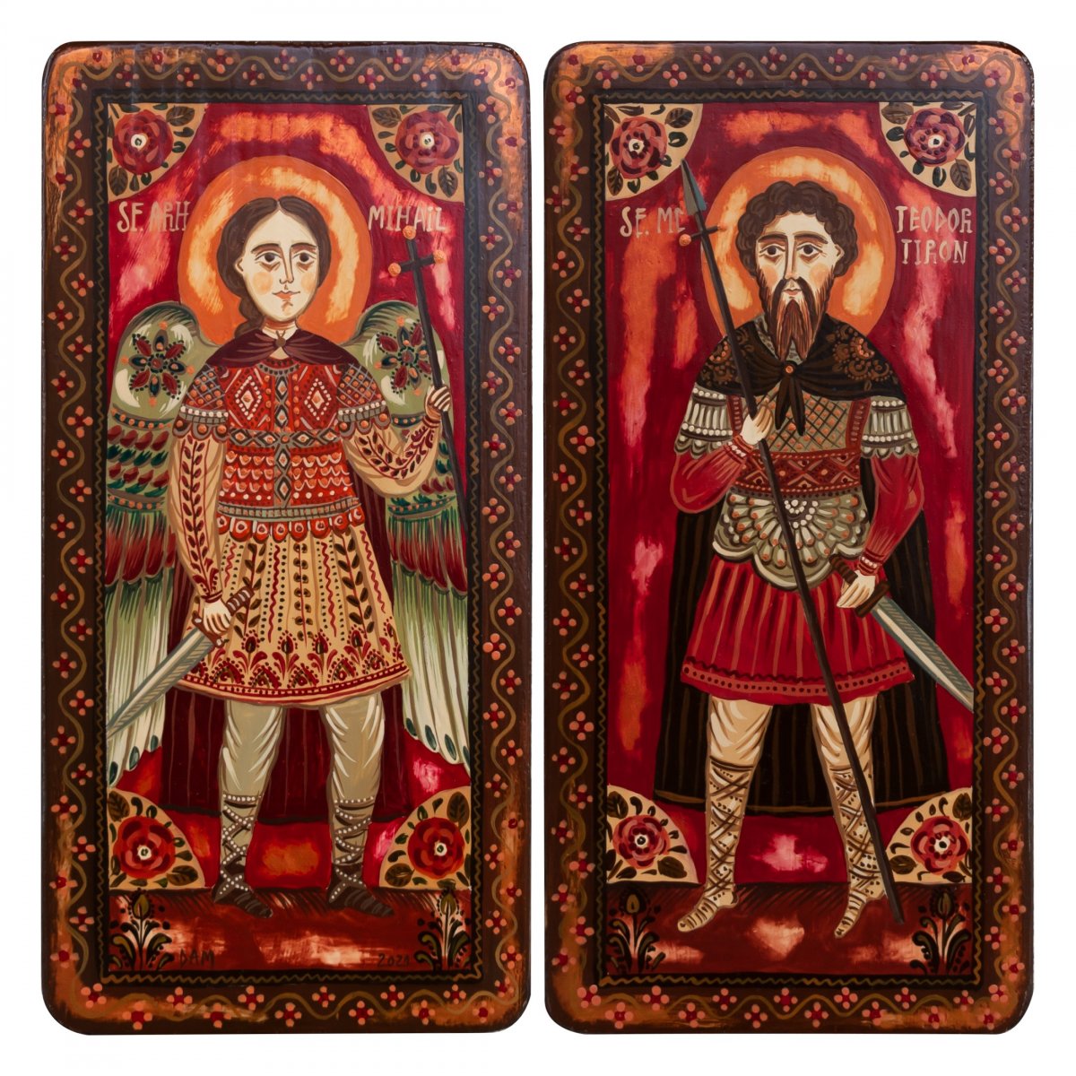 Icoană pe lemn tip diptic "Sf. Arh. Mihail și Sf. Mc Teodor Tiron", 2 x 10x20cm