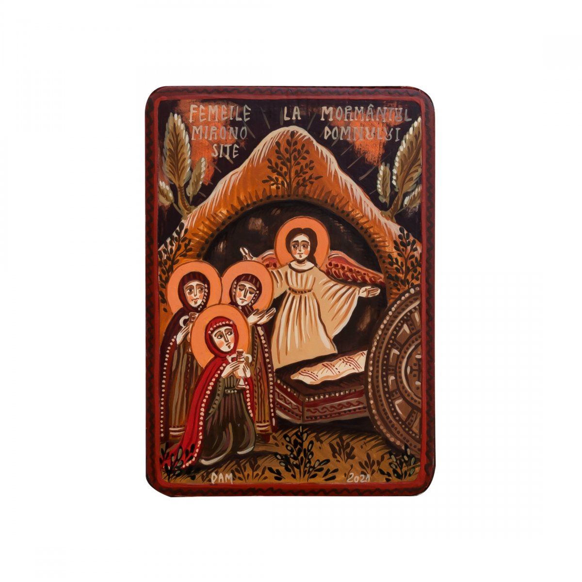Icoană pe lemn "Femeile mironosițe la mormântul Domnului", miniatură, 7x10 cm