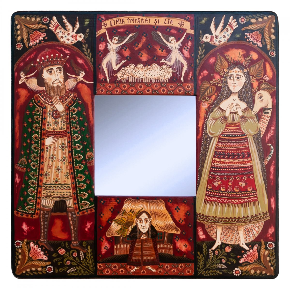 Tablou pe lemn cu oglindă, "Limir Împărat și Lia", 23x23 cm