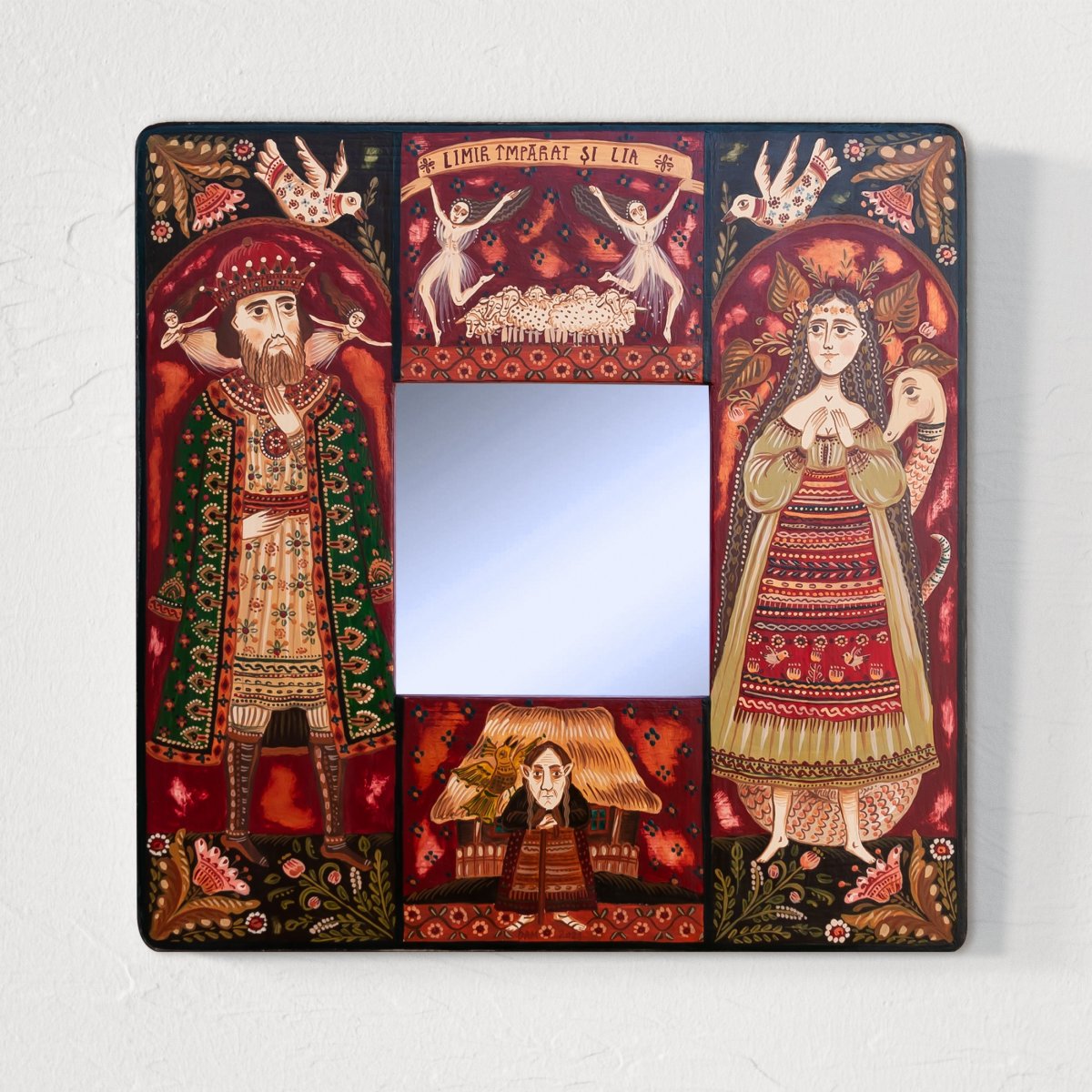 Painting on wood with mirror, "Emperor Limir and Lia", 23x23 cm