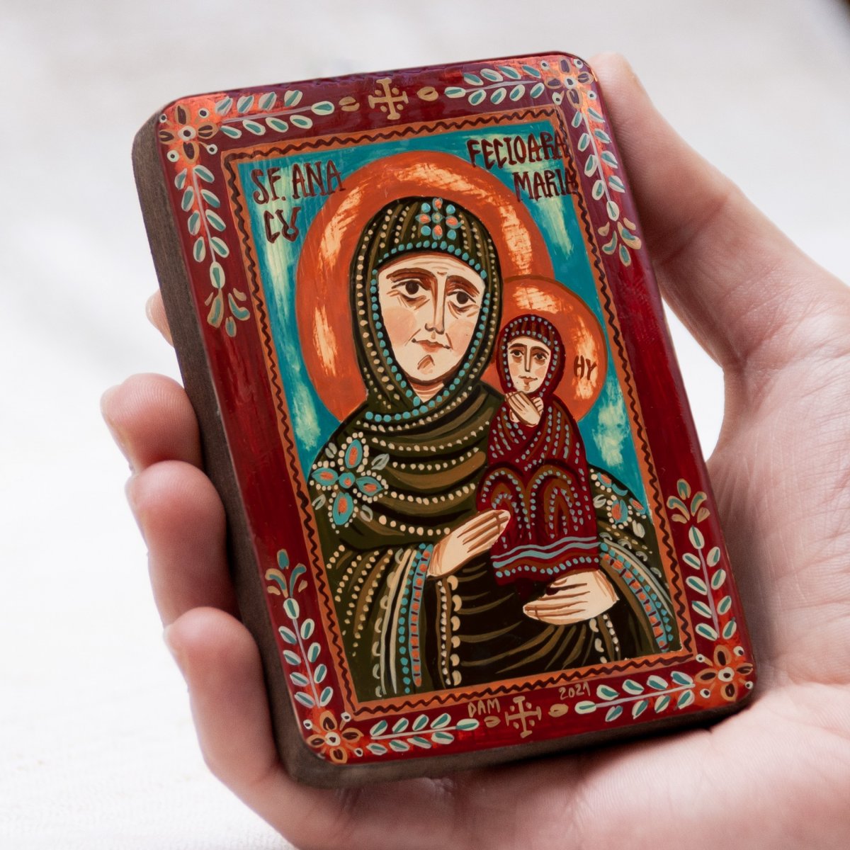 Wood icon, "Saint Anne and Virgin Mary", miniature, 7x10cm