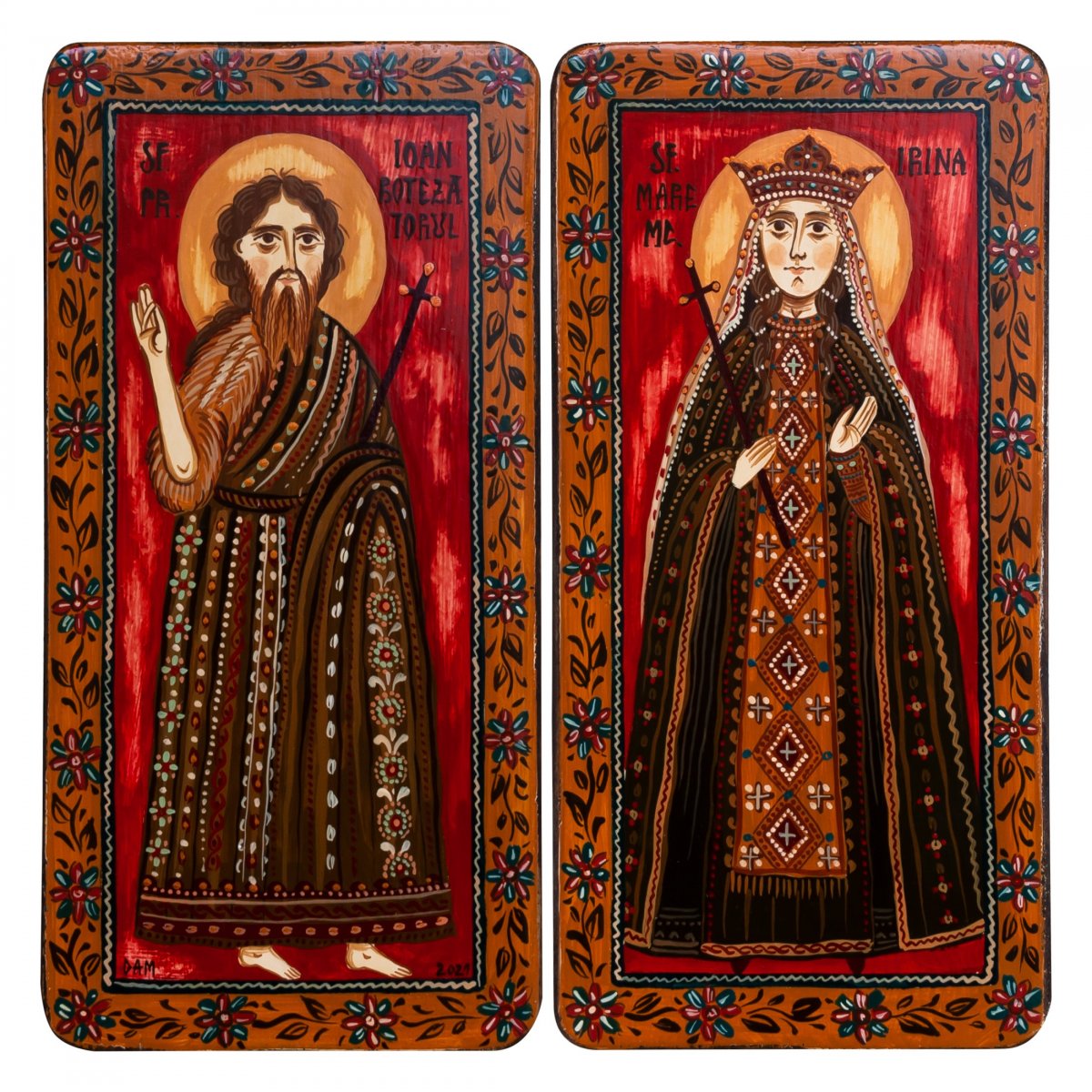 Icoană pe lemn tip diptic "Sf. Ioan Botezatorul si Sf. M. Mc. Irina", 2 x 10x20cm