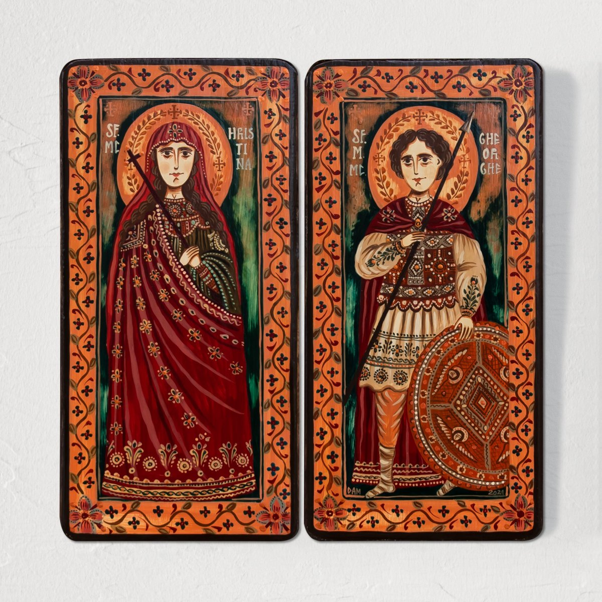Wood icon, diptych, "St. Christina of Bolsena and St. George", 2 x 10x20 cm