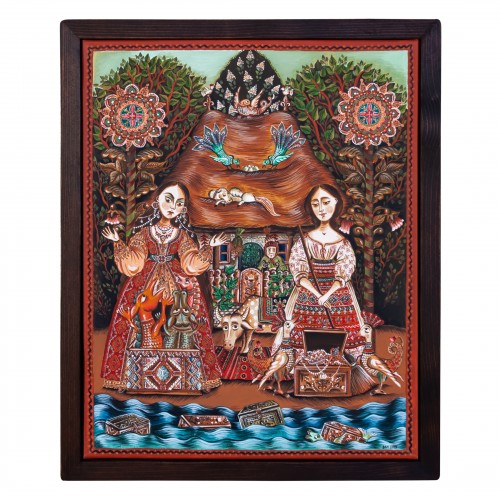Tablou pe pânză, "Fata babei şi fata moşneagului", 40x50 cm, ramă lemn, pictat manual