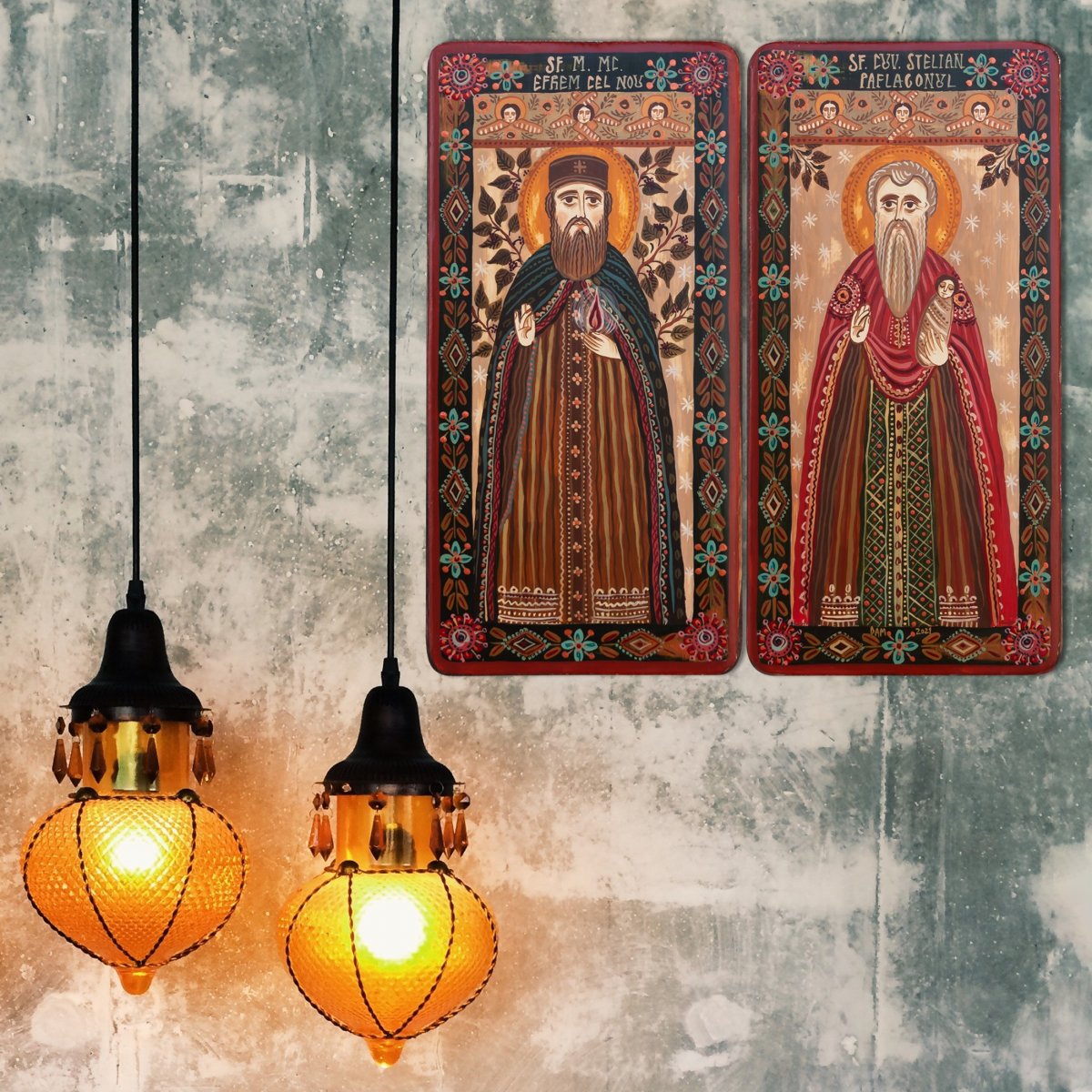 Wood icon, diptych, "St. Ephraim of Nea Makri and St. Stylianos of Paphlagonia", 2 x 10x20 cm