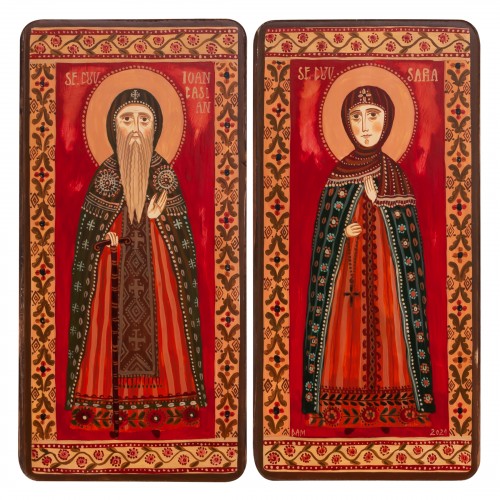 Icoană pe lemn tip diptic "Sf. Ioan Casian și Sf. Cuv. Sara", 2 x 10x20cm
