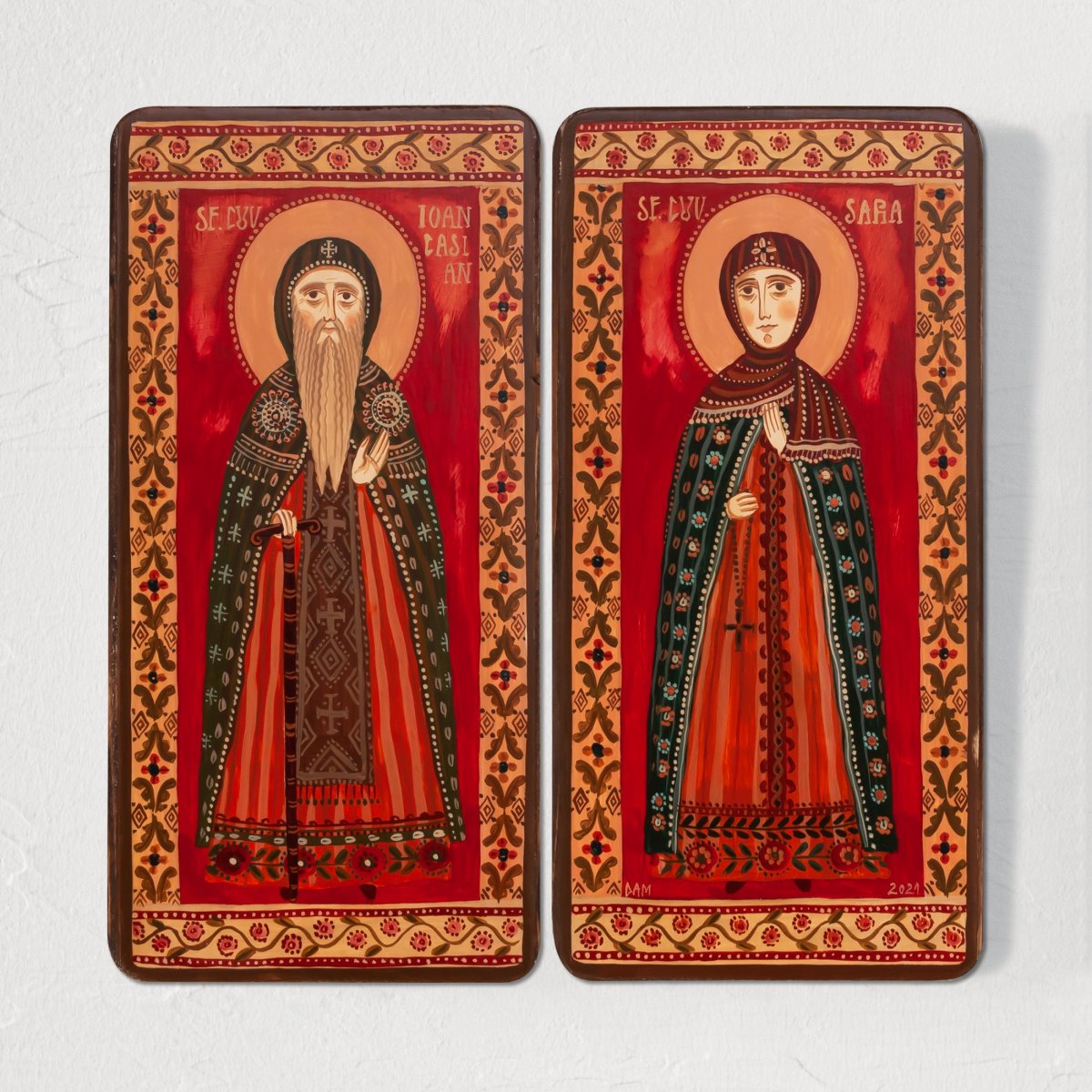 Icoană pe lemn tip diptic "Sf. Ioan Casian și Sf. Cuv. Sara", 2 x 10x20cm