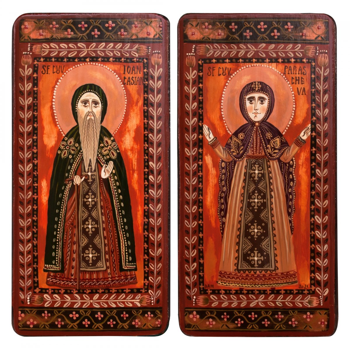 Icoană pe lemn tip diptic "Sf. Parascheva și Sf. Ioan Casian", 2 x 10x20cm