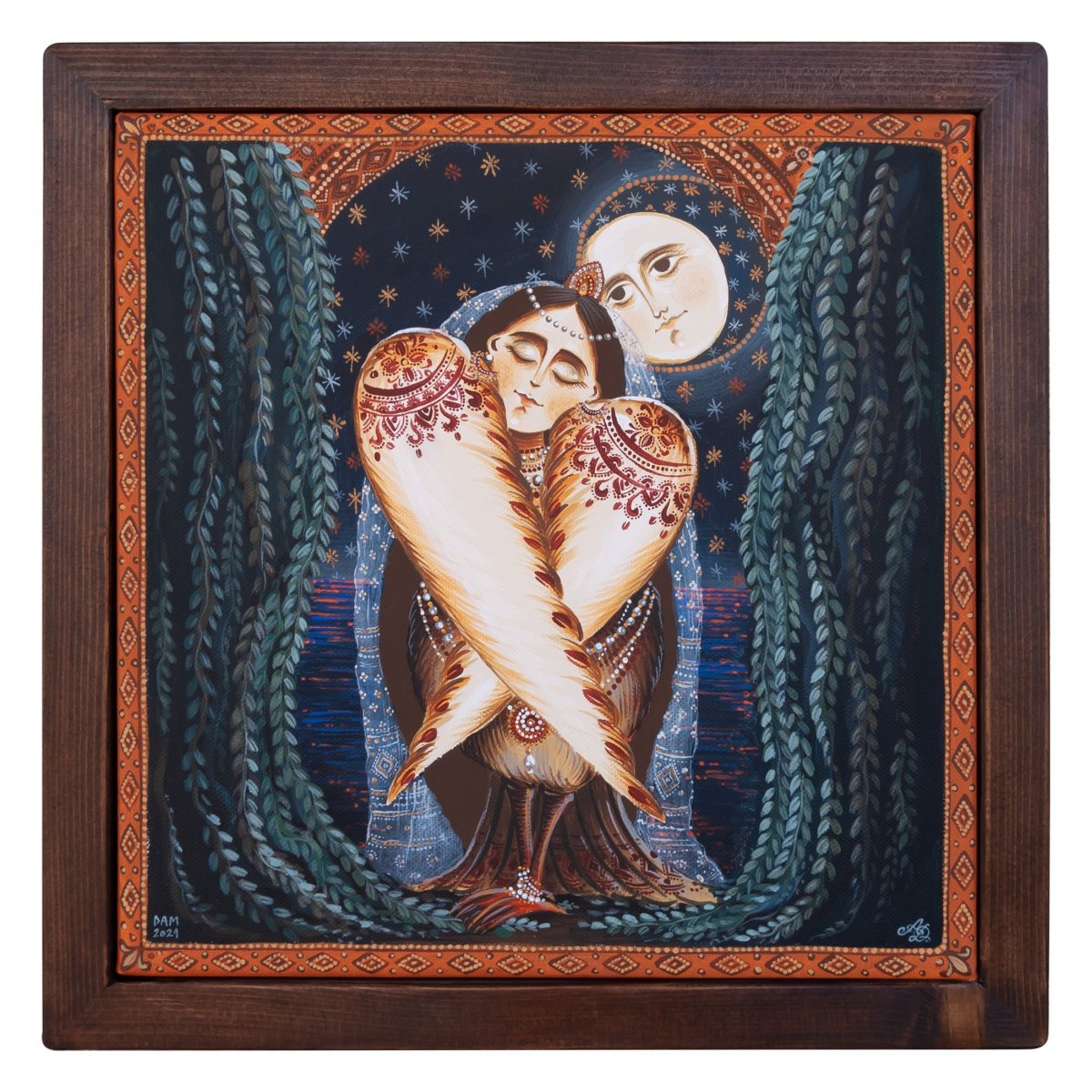 Canvas painting, "Sleeping Rusalka", 30x30 cm, hand painted, wooden frame