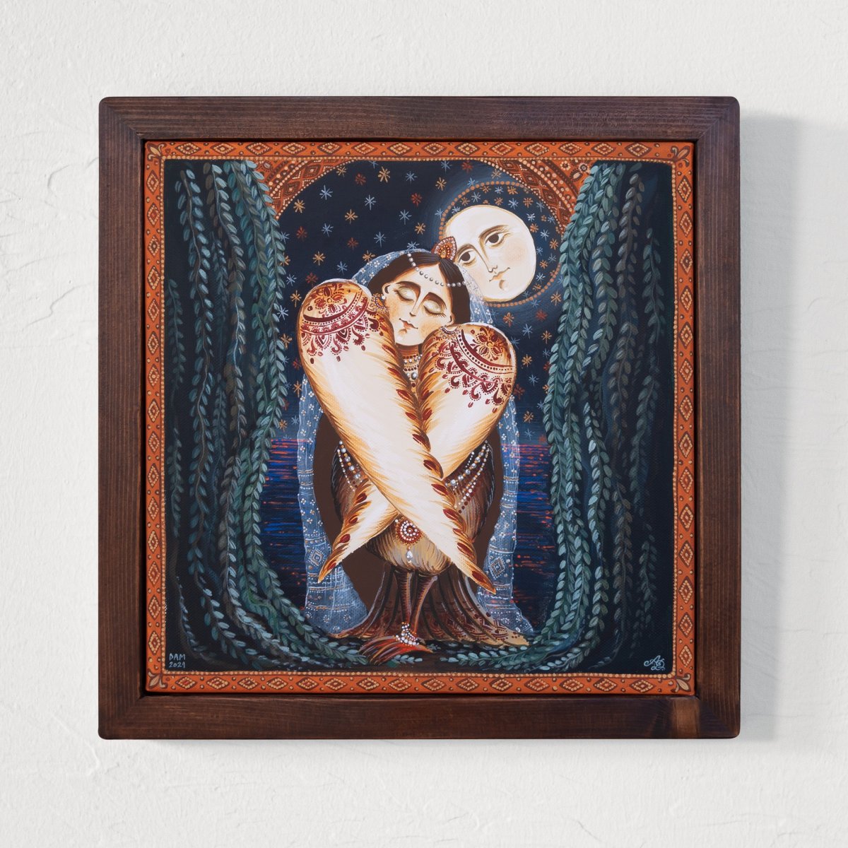Canvas painting, "Sleeping Rusalka", 30x30 cm, hand painted, wooden frame