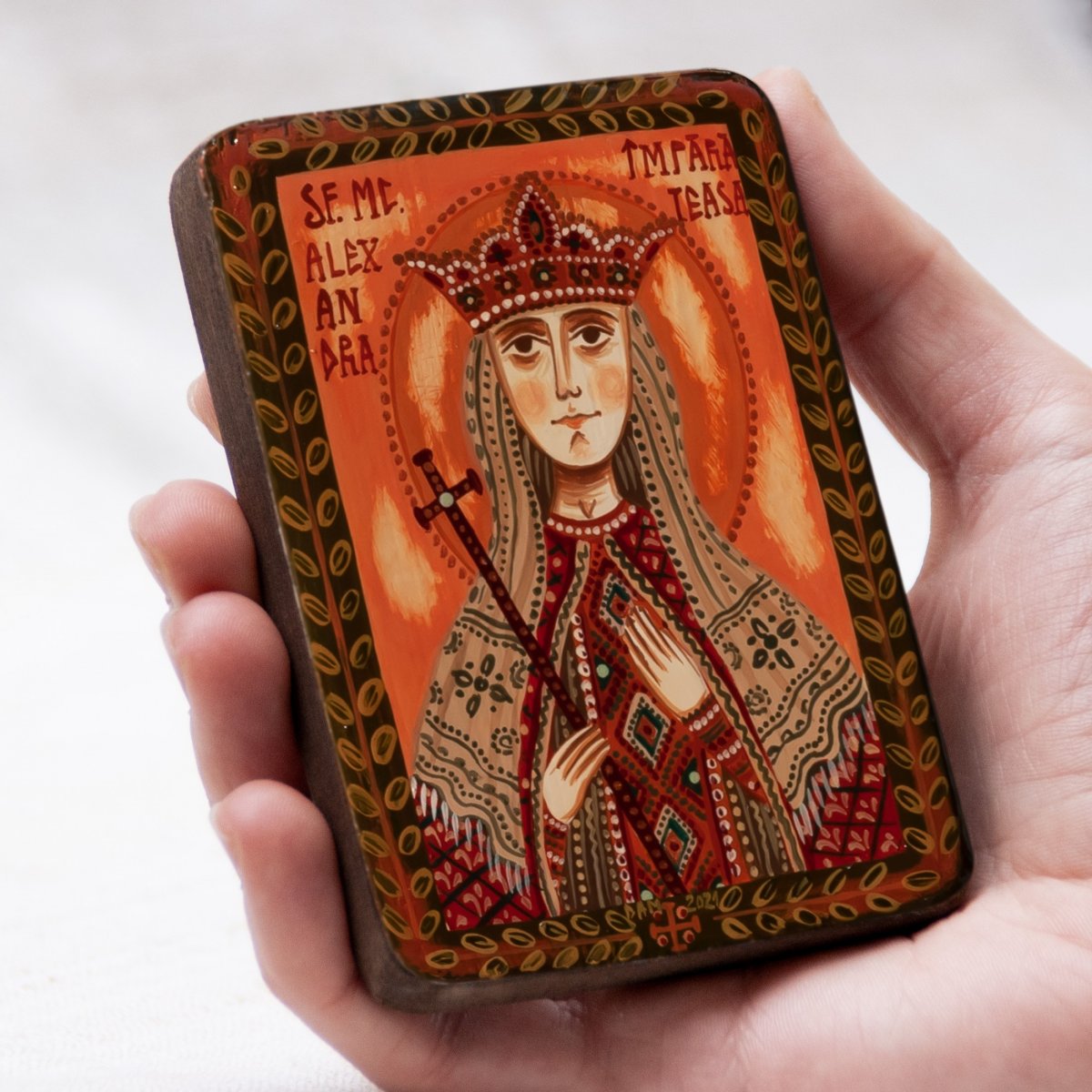 Wood icon, "Saint Alexandra the Empress", miniature, 7x10cm