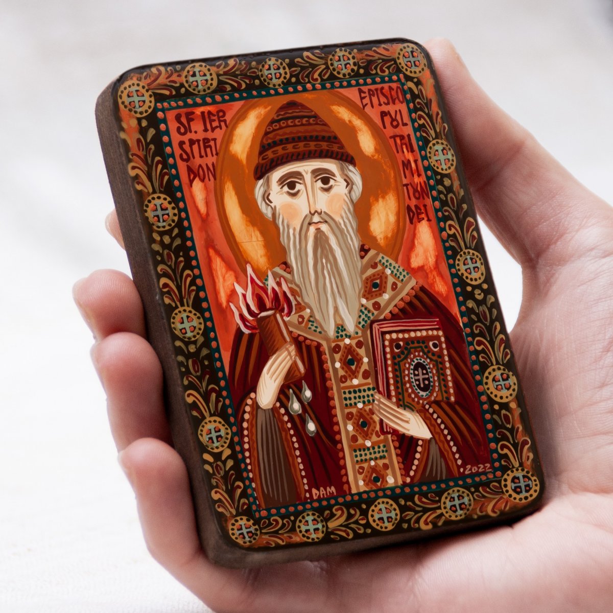Wood icon, "Saint Spyridon of Trimythous", miniature, 7x10cm