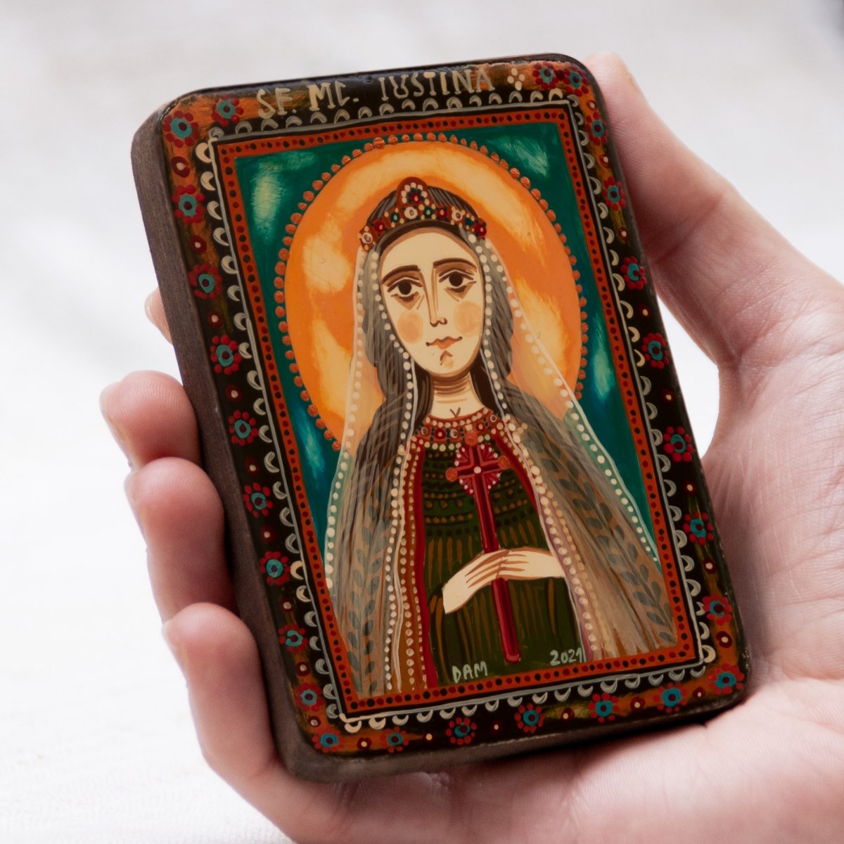 Icoană pe lemn "Sfânta Muceniță Iustina", miniatură, 7x10 cm