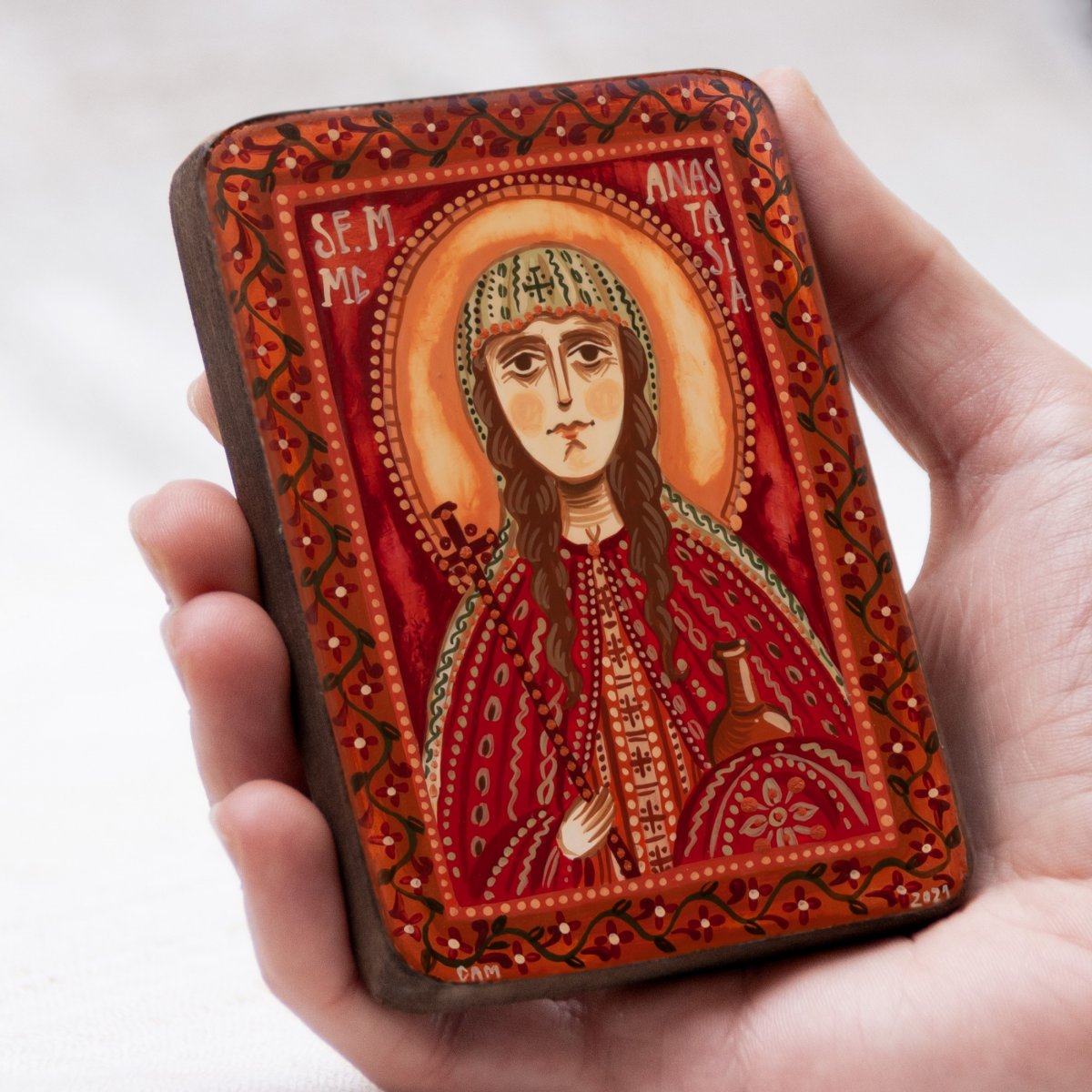 Wood icon, "Saint Anastasia of Sirmium", miniature, 7x10cm