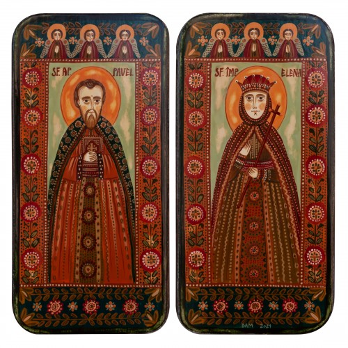Icoană pe lemn tip diptic "Sf. Ap. Pavel și Sf. Împ. Elena", 2 x 10x20cm
