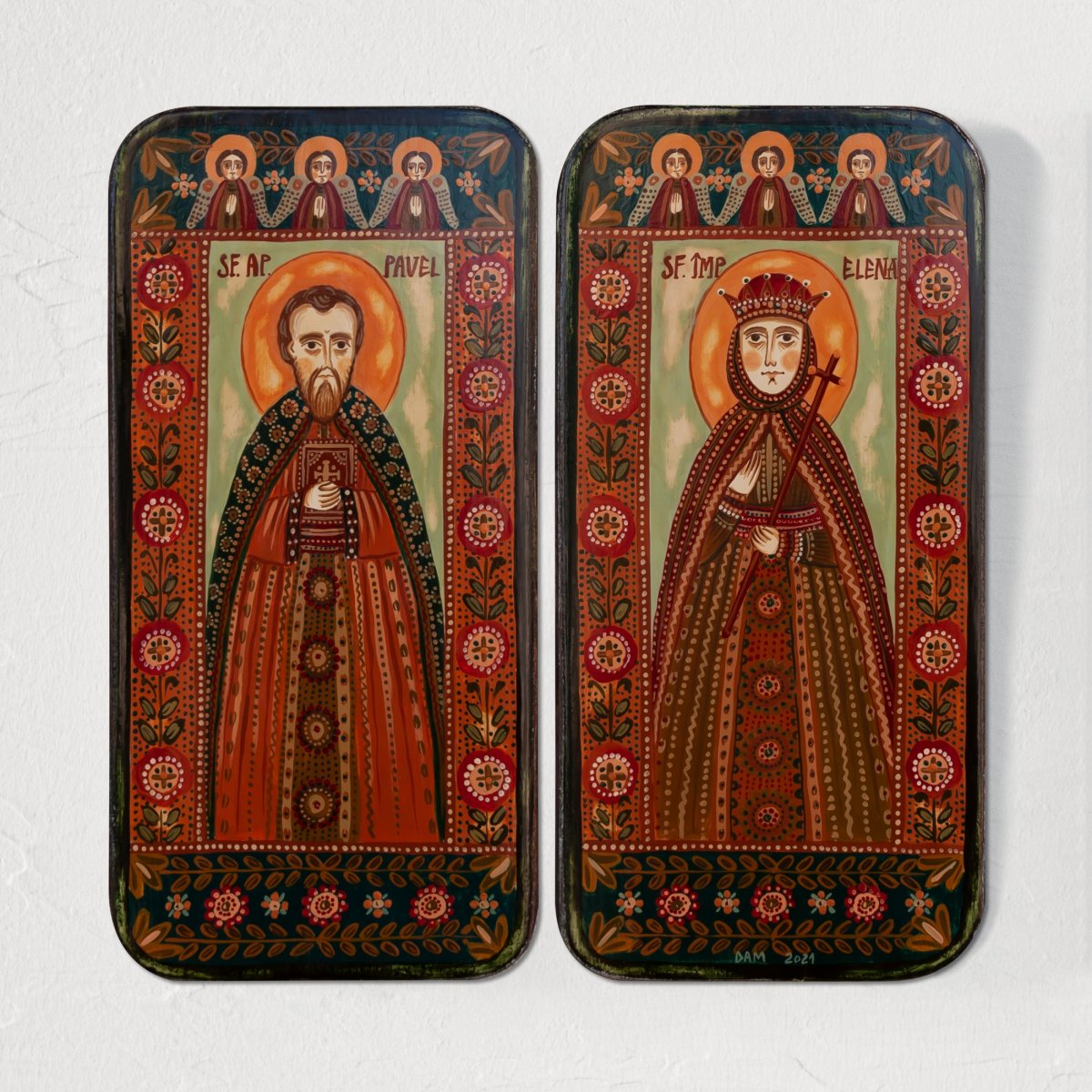 Icoană pe lemn tip diptic "Sf. Ap. Pavel și Sf. Împ. Elena", 2 x 10x20cm
