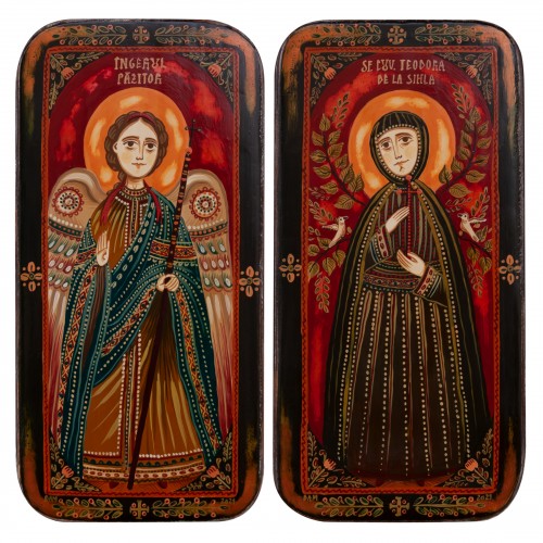 Wood icon, diptych, "The Guardian Angel and St. Theodora of Sihla", 2 x 10x20 cm