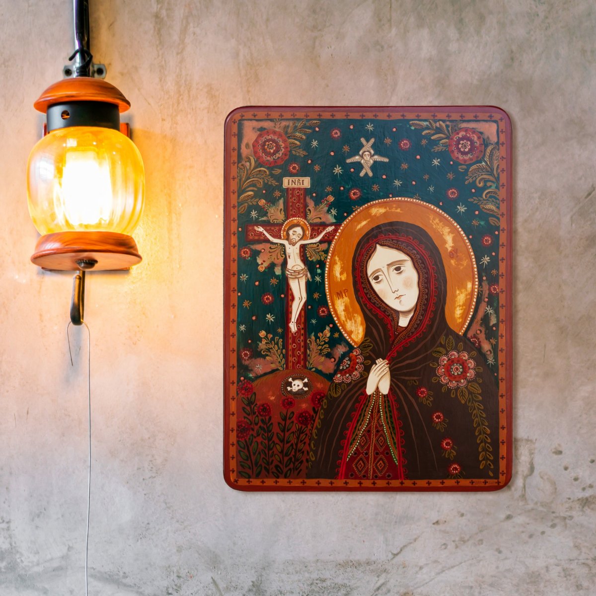 Wood icon, "Mourning Virgin Mary", Hand painted