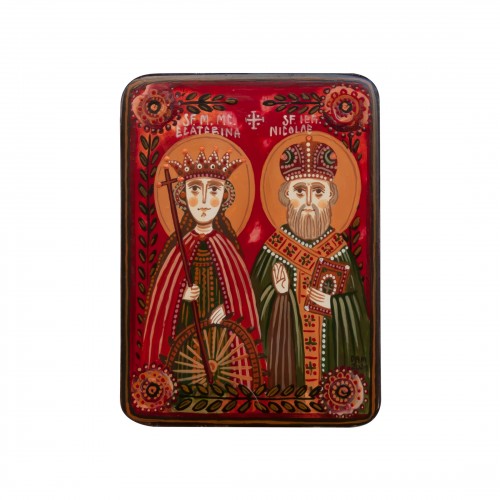 Icoană pe lemn "Sf. Ecaterina și Sf. Nicolae", miniatură, 7x10 cm