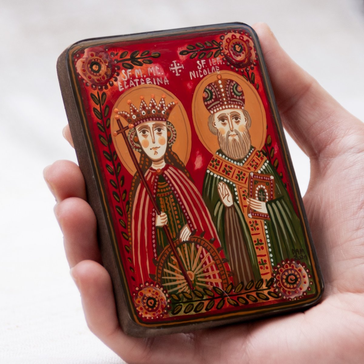 Wood icon, "St. Catherine of Alexandria and Saint Nicholas", miniature, 7x10cm