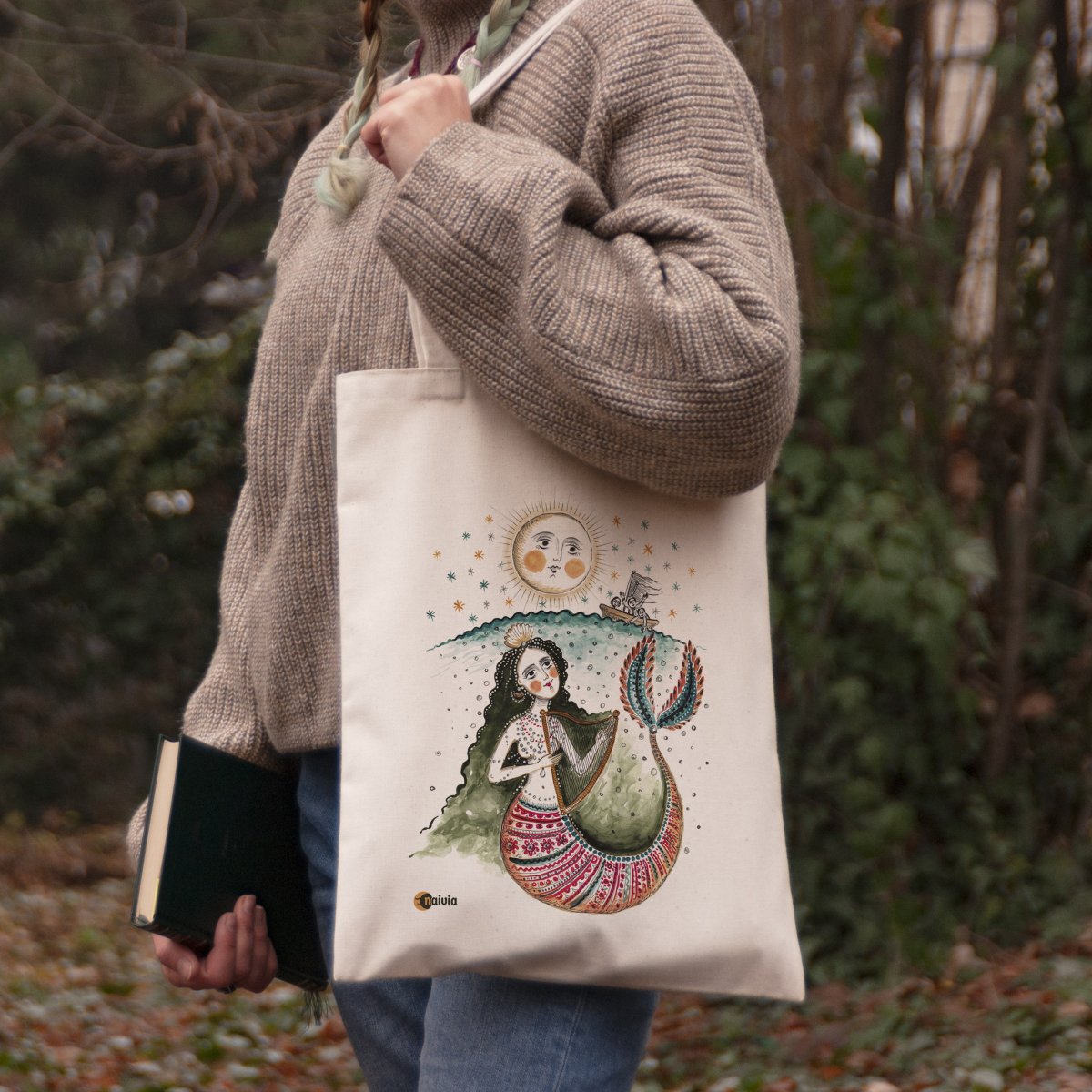 Sacoșă imprimată tip Tote Bag, "Sirena", model 1, 100% bumbac, 31x40 cm