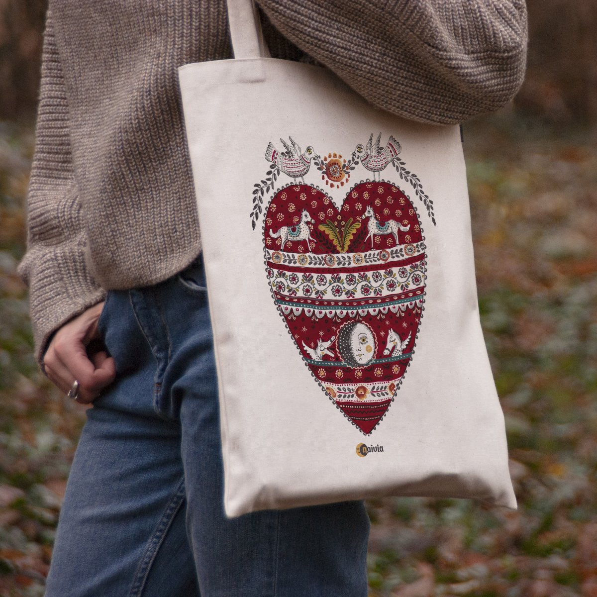 Printed Tote Bag, "Folk Heart", 100% cotton, 31x40 cm