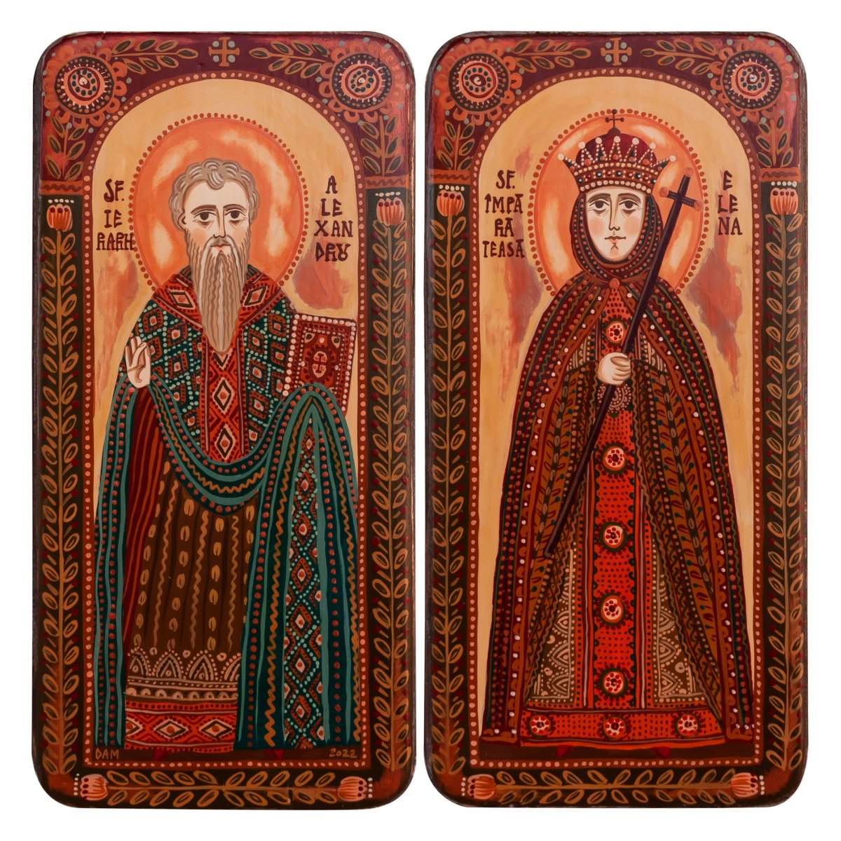 Wood icon, diptych, "Saint Helen the Empress and Saint Alexander", 2 x 10x20 cm
