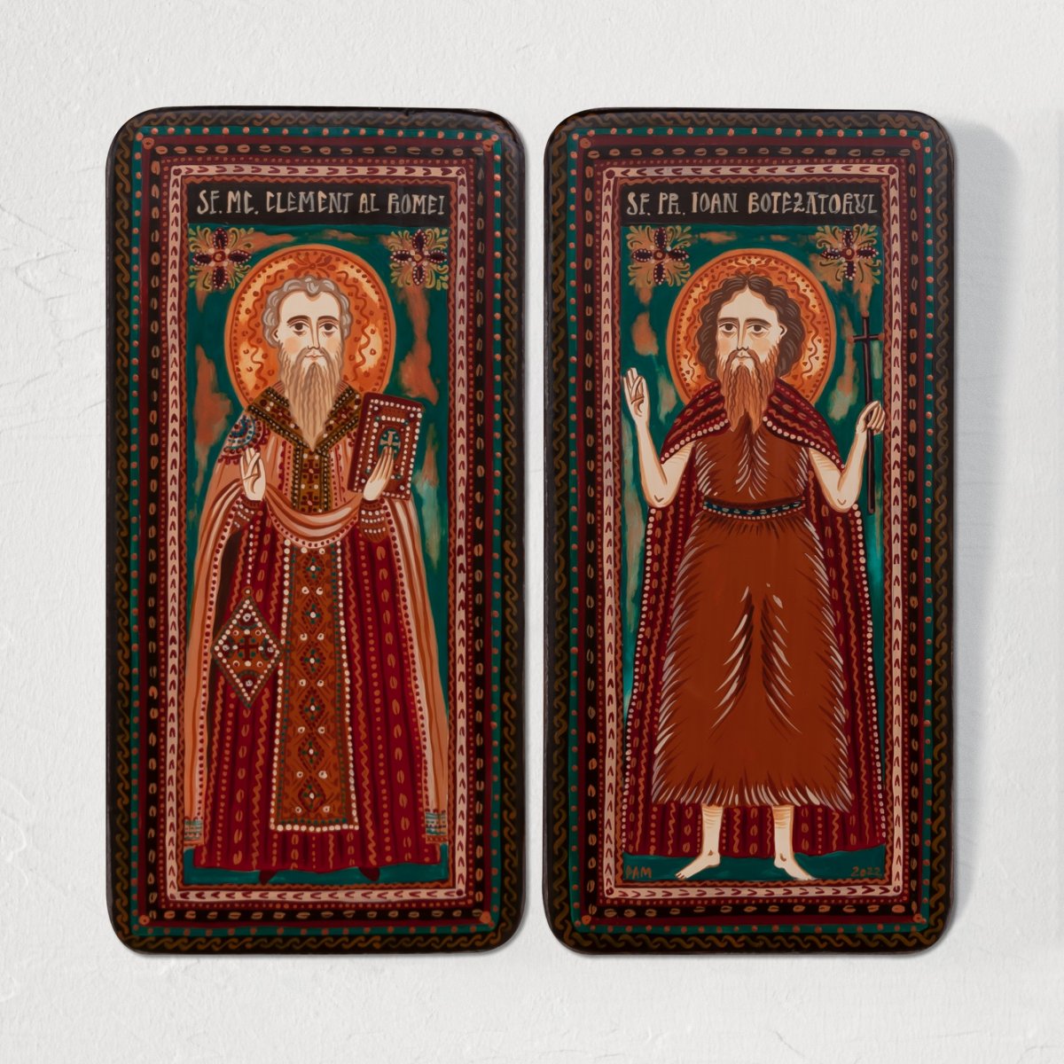 Icoană pe lemn tip diptic "Sf. Clement al Romei și Sf. Ioan Botezătorul", 2 x 10x20cm