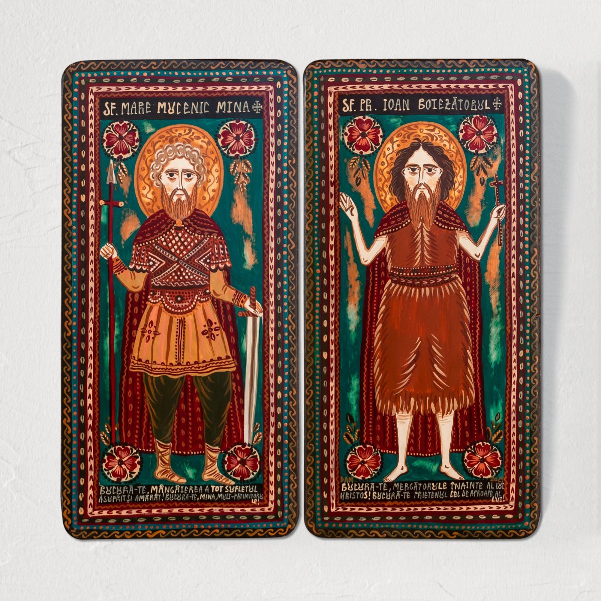 Wood icon, diptych, "St. Menas of Egypt and St. John the Forerunner", 2 x 10x20 cm