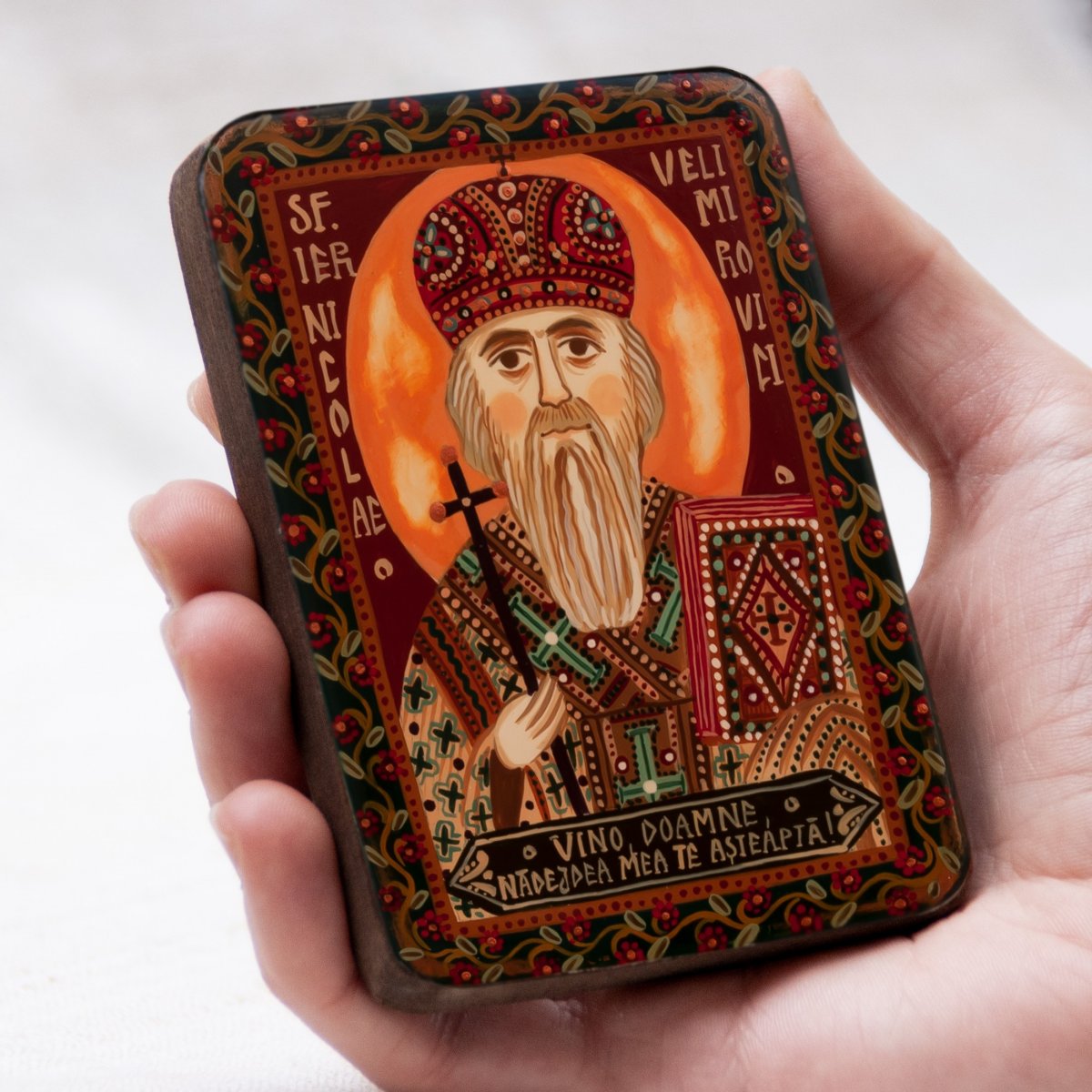 Icoană pe lemn "Sfântul Nicolae Velimirovici", miniatură, 7x10 cm