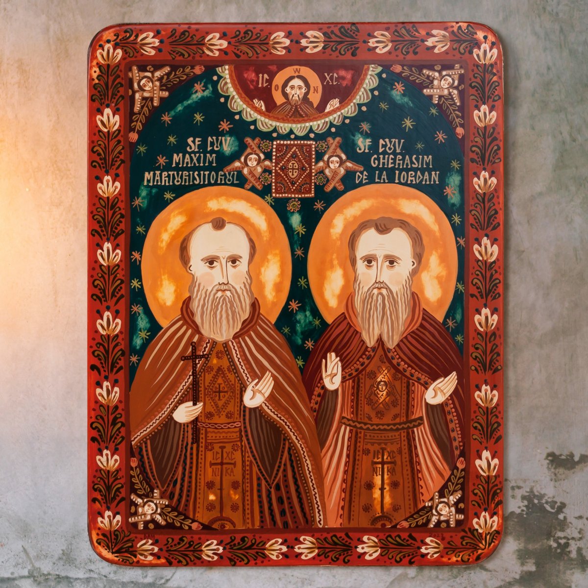 Wood icon, "St. Maximus the Confessor and St. Gerasimos of the Jordan", Hand painted