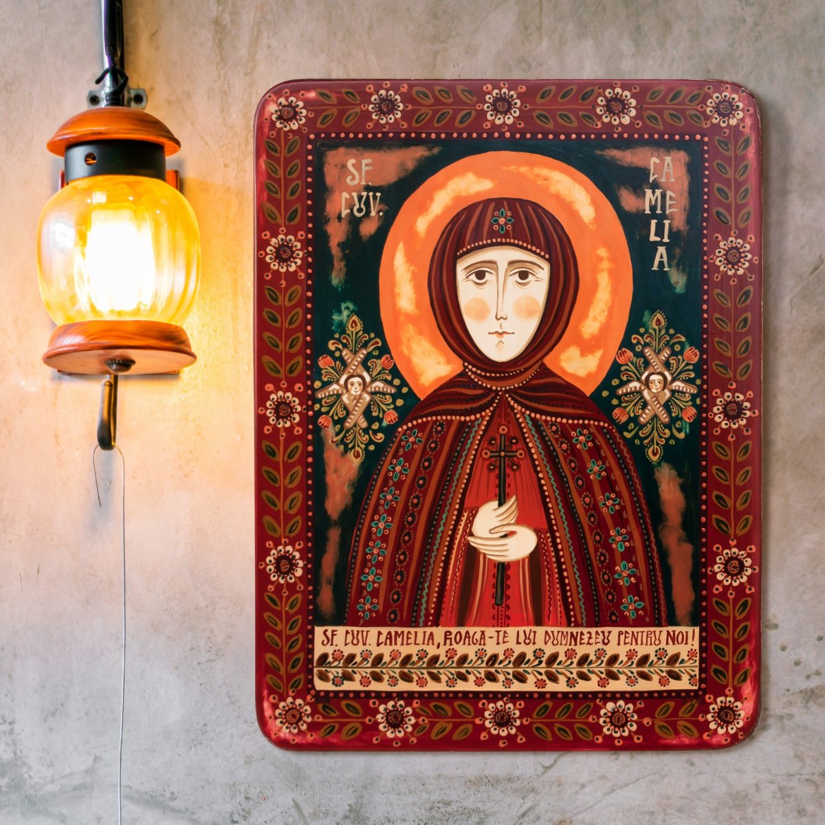 Wood icon, "Saint Camilla", Hand painted