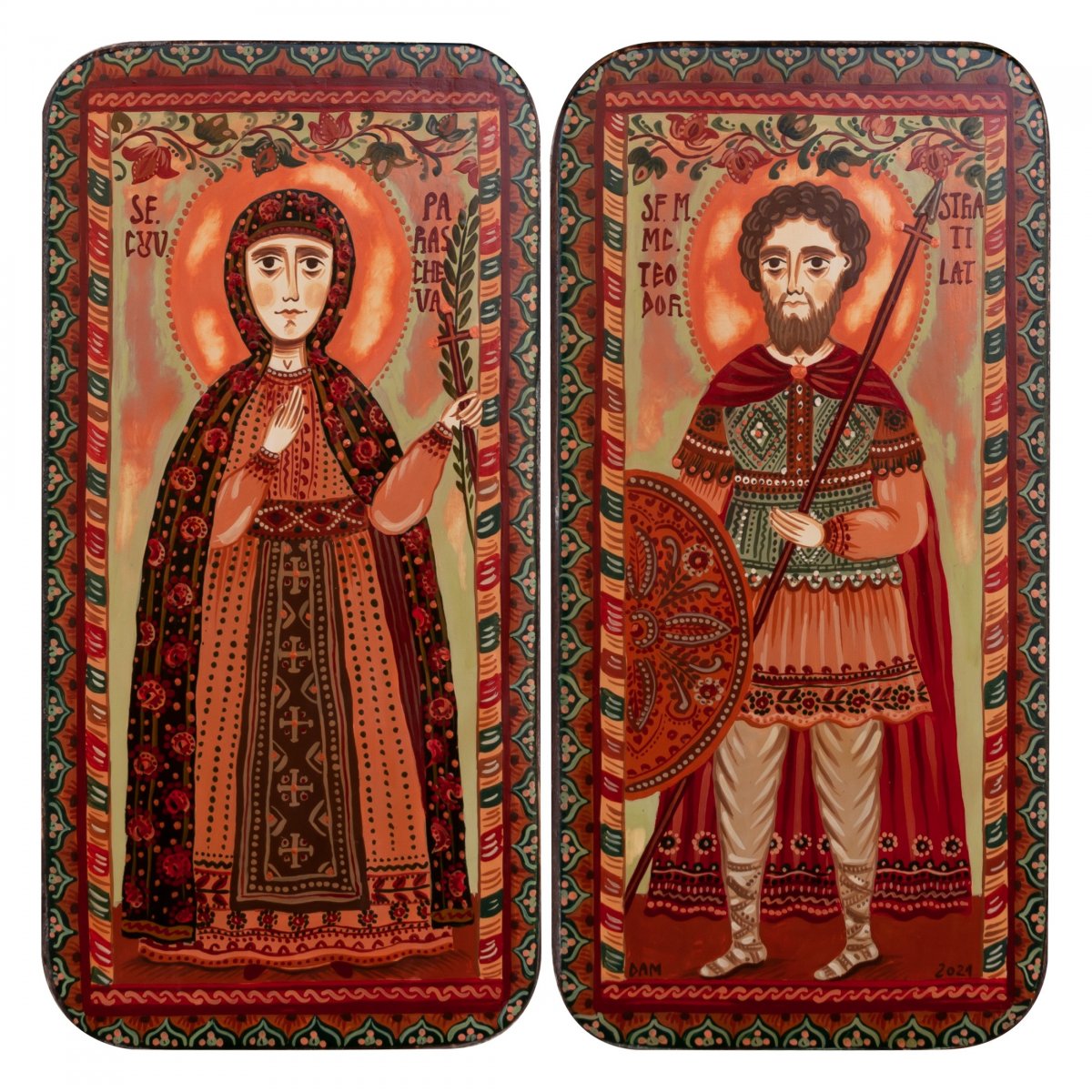 Wood icon, diptych, "St. Theodore the Stratelates and St. Parascheva", 2 x 10x20 cm