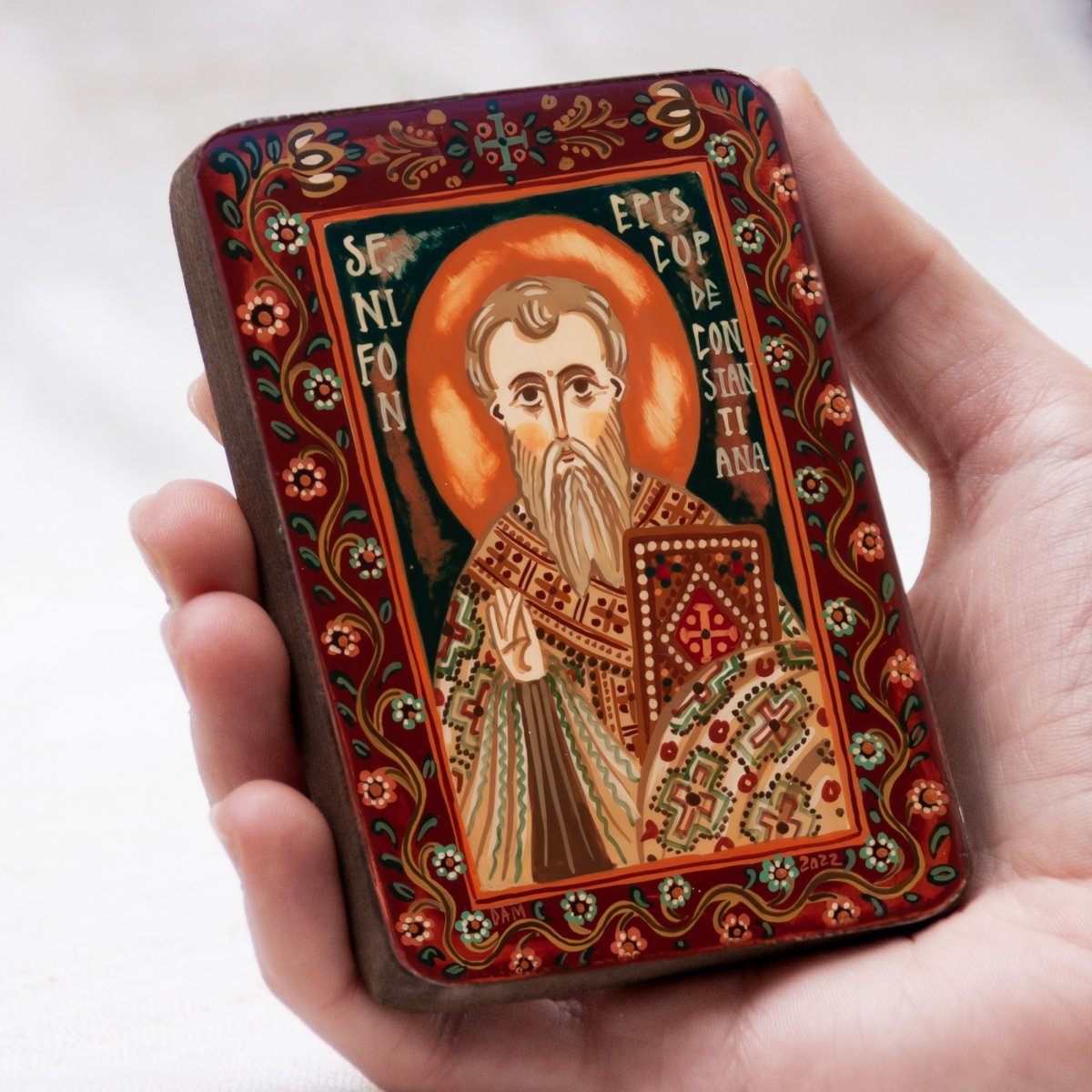 Wood icon, "St. Nephon, Bishop of Constantiana", miniature, 7x10cm