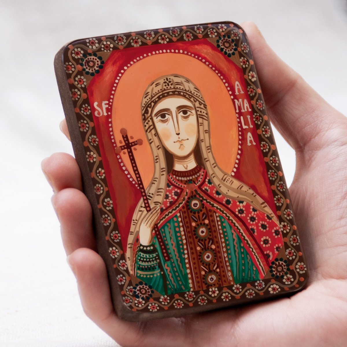 Wood icon, "Saint Amalia", miniature, 7x10cm