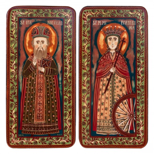 Icoană pe lemn tip diptic "Sf. Nicolae și Sf. Ecaterina de Alexandria", 2 x 10x20cm