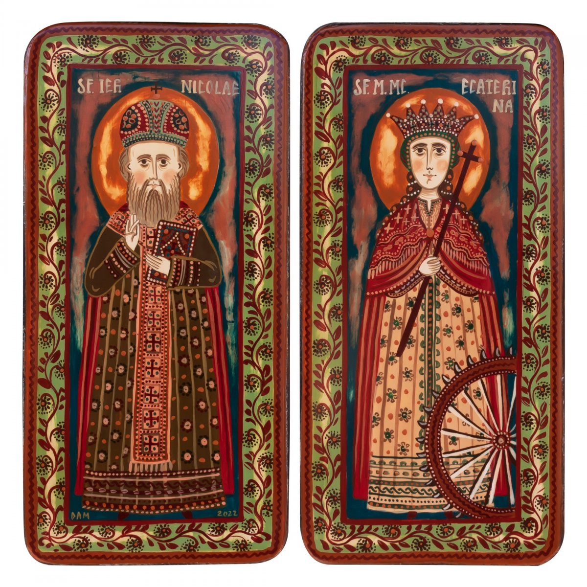 Wood icon, diptych, "St. Nicholas and St. Catherine of Alexandria", 2 x 10x20 cm