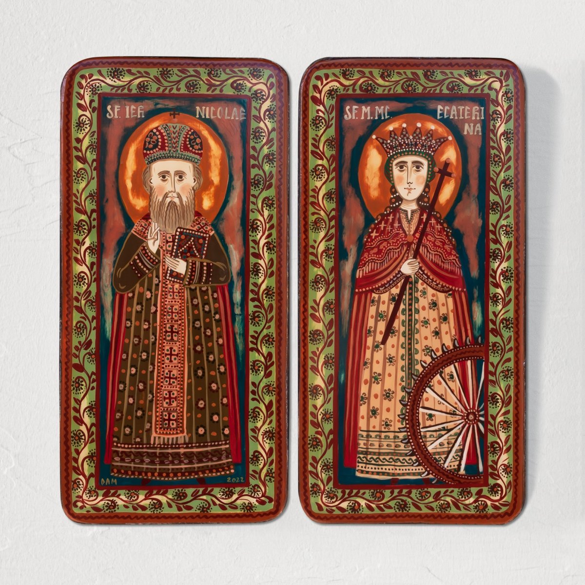 Icoană pe lemn tip diptic "Sf. Nicolae și Sf. Ecaterina de Alexandria", 2 x 10x20cm