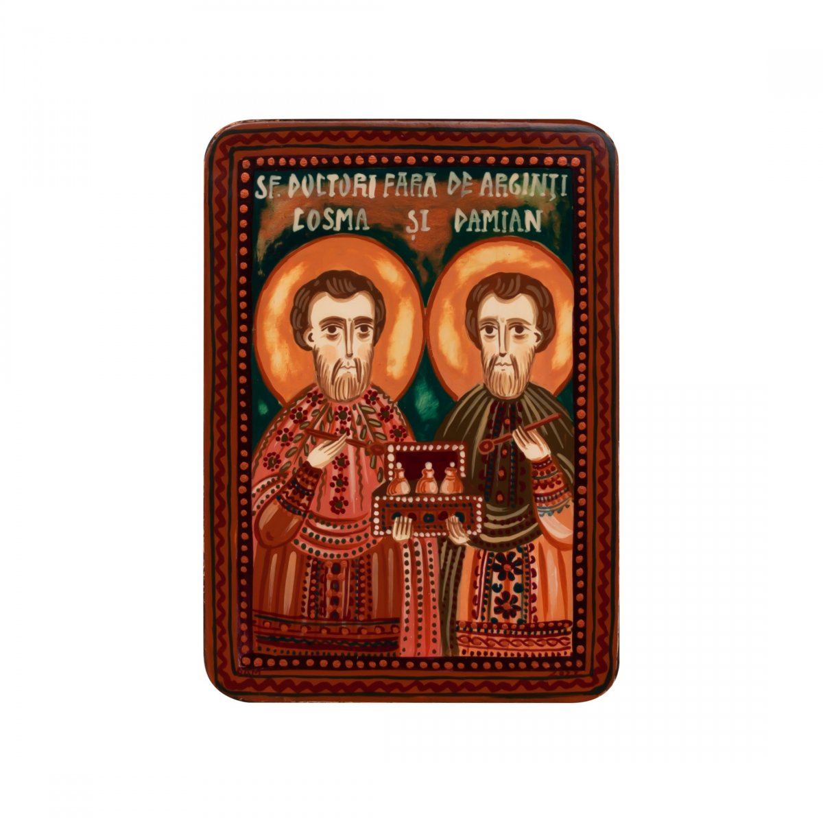 Icoană pe lemn "Sf. Cosma și Damian", miniatură, 7x10 cm