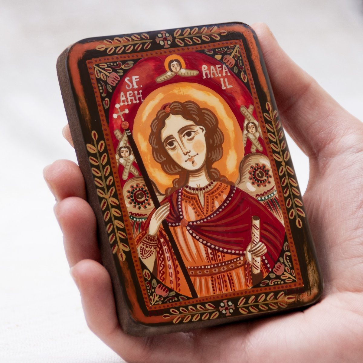 Icoană pe lemn "Sfântul Arh. Rafail", miniatură, model 2, 7x10 cm