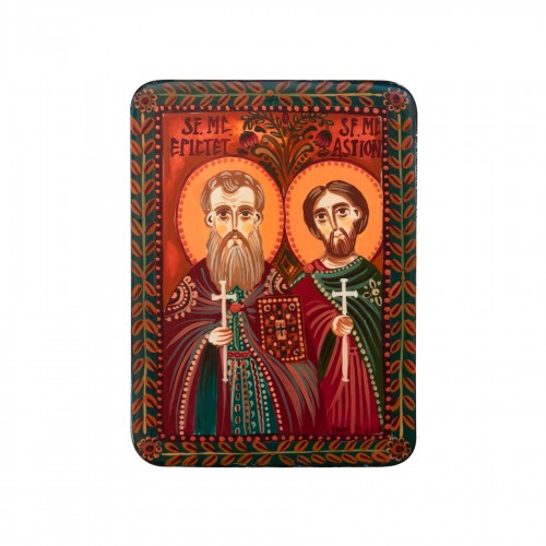 Wood icon, "Saints Martyrs Epictetus and Astion", miniature, 7x10cm