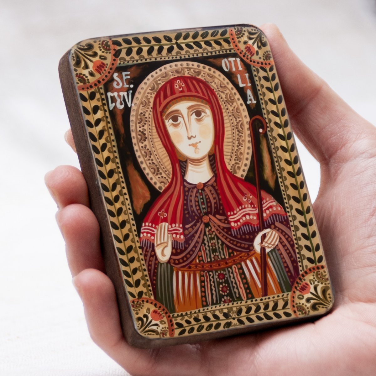 Wood icon, "Saint Odile of Alsace", miniature, 7x10cm