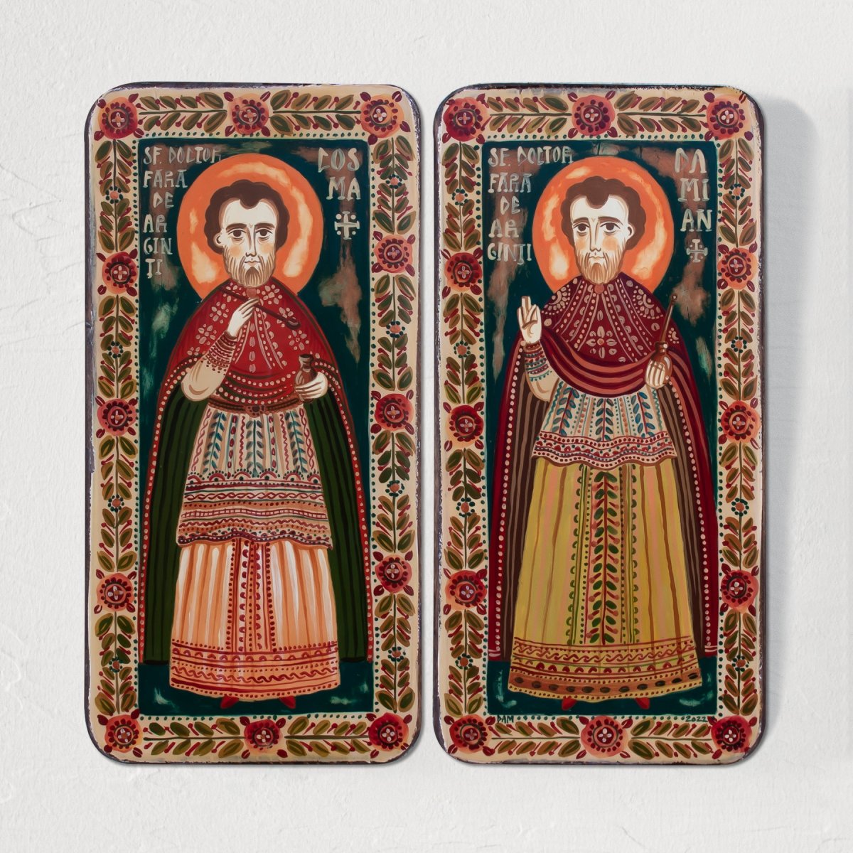 Wood icon, diptych, "Saints Cosmas and Damian", 2 x 10x20 cm