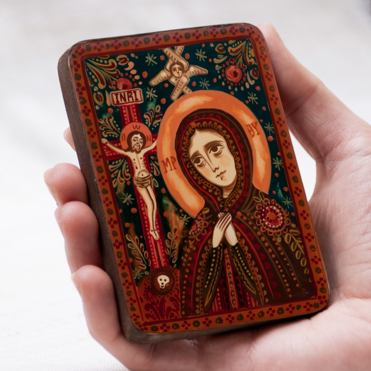 Wood icon, "Mourning Virgin Mary", miniature, 7x10cm